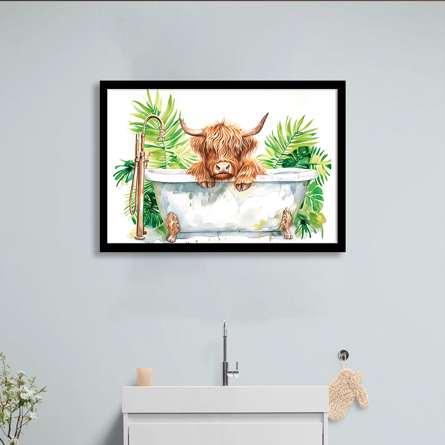 Highland Cow In Bathtub Bathroom Print Funny Animal V1, Bathroom Art Decor Framed Art PrintsWall Art, Animal Bathroom Art