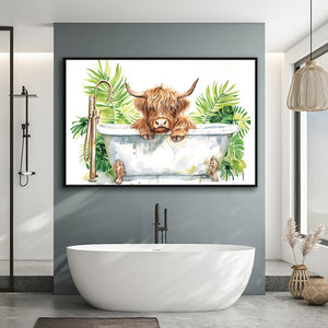 Highland Cow In Bathtub Bathroom Print Funny Animal V1, Bathroom Art Decor Framed Canvas Prints Wall Art,Floating Frame