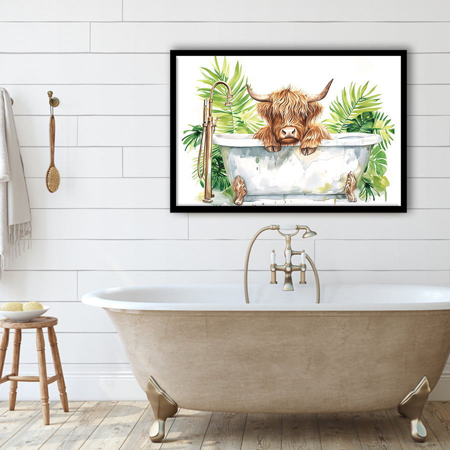 Highland Cow In Bathtub Bathroom Print Funny Animal V1, Bathroom Art Decor Framed Art PrintsWall Art, Animal Bathroom Art