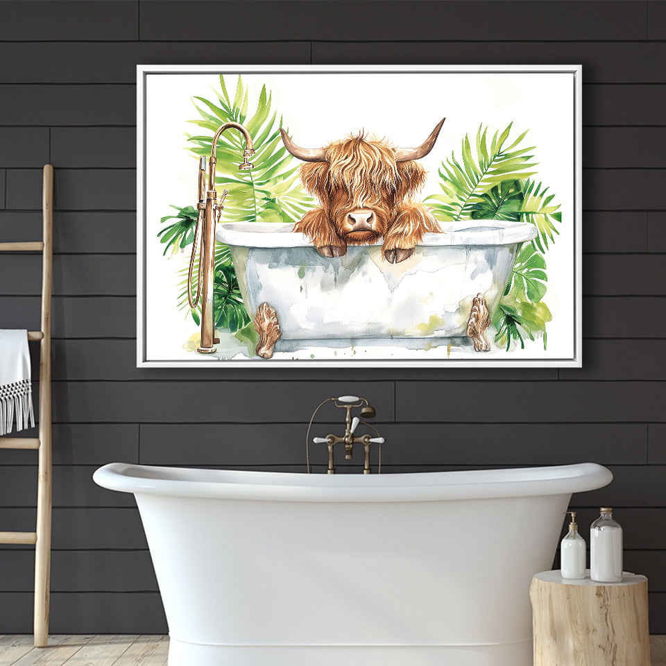 Highland Cow In Bathtub Bathroom Print Funny Animal V1, Bathroom Art Decor Framed Canvas Prints Wall Art,Floating Frame