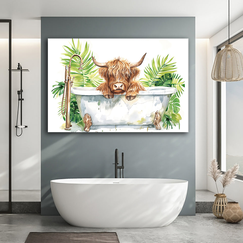 Highland Cow In Bathtub Bathroom Print Funny Animal V1, Bathroom Art Decor Canvas Prints Wall Art, Animal Bathroom Art
