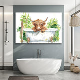 Highland Cow In Bathtub Bathroom Print Funny Animal V1, Bathroom Art Decor Canvas Prints Wall Art, Animal Bathroom Art
