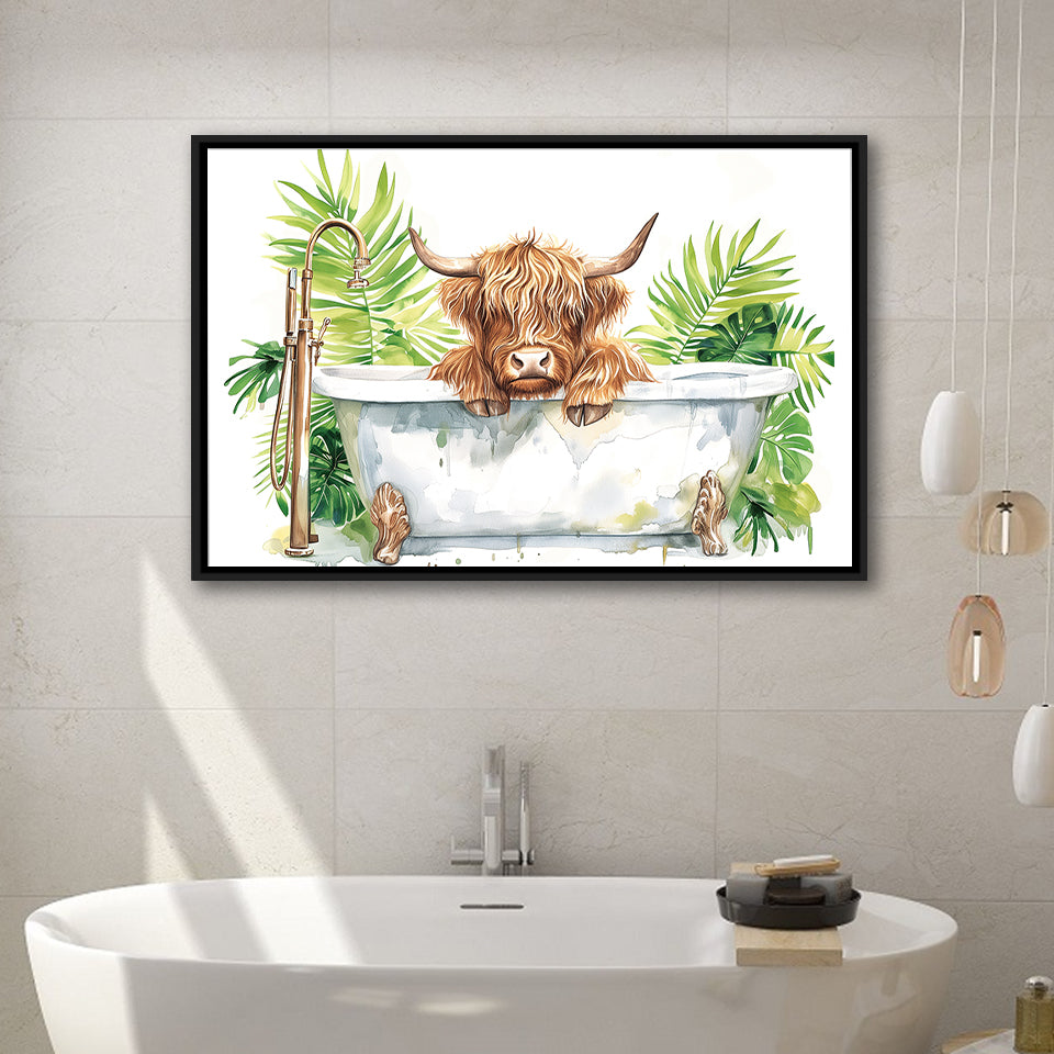 Highland Cow In Bathtub Bathroom Print Funny Animal V1, Bathroom Art Decor Framed Canvas Prints Wall Art,Floating Frame