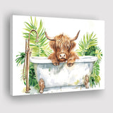 Highland Cow In Bathtub Bathroom Print Funny Animal V1, Bathroom Art Decor Canvas Prints Wall Art, Animal Bathroom Art