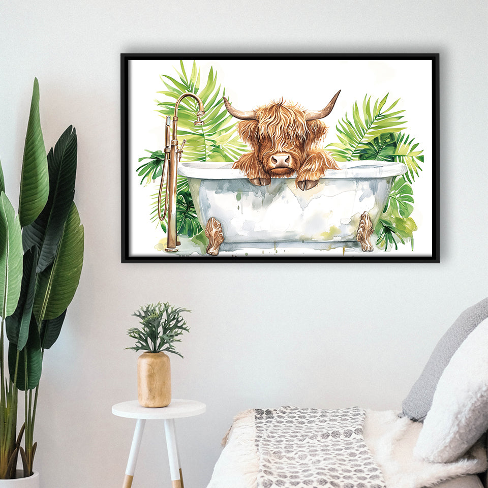 Highland Cow In Bathtub Bathroom Print Funny Animal V1, Bathroom Art Decor Framed Canvas Prints Wall Art,Floating Frame