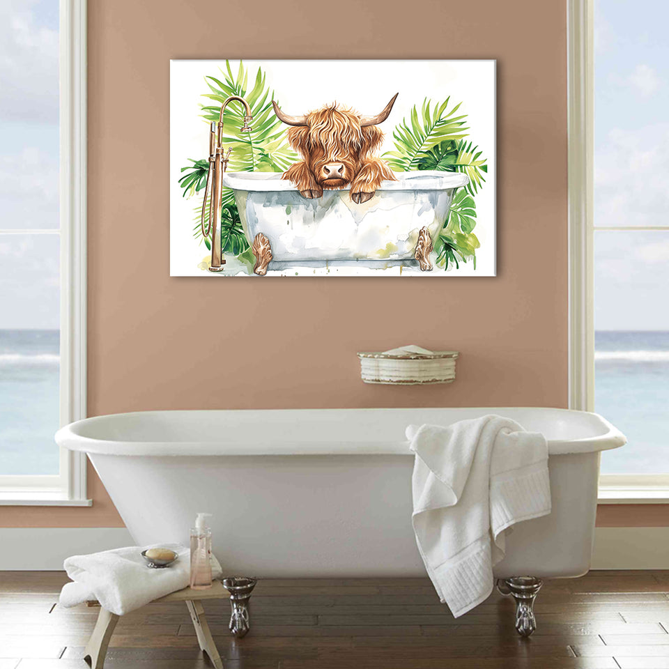 Highland Cow In Bathtub Bathroom Print Funny Animal V1, Bathroom Art Decor Canvas Prints Wall Art, Animal Bathroom Art