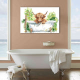 Highland Cow In Bathtub Bathroom Print Funny Animal V1, Bathroom Art Decor Canvas Prints Wall Art, Animal Bathroom Art
