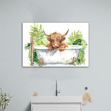 Highland Cow In Bathtub Bathroom Print Funny Animal V1, Bathroom Art Decor Canvas Prints Wall Art, Animal Bathroom Art