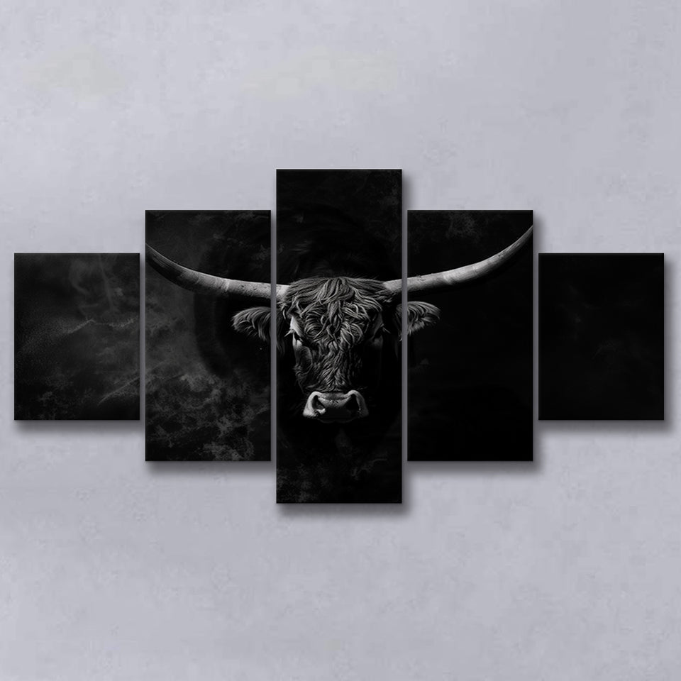 Highland Cow Long Horn Black And White V11, 5 Panels Mixed Large Canvas, Canvas Prints Wall Art Decor