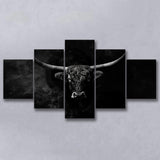 Highland Cow Long Horn Black And White V11, 5 Panels Mixed Large Canvas, Canvas Prints Wall Art Decor