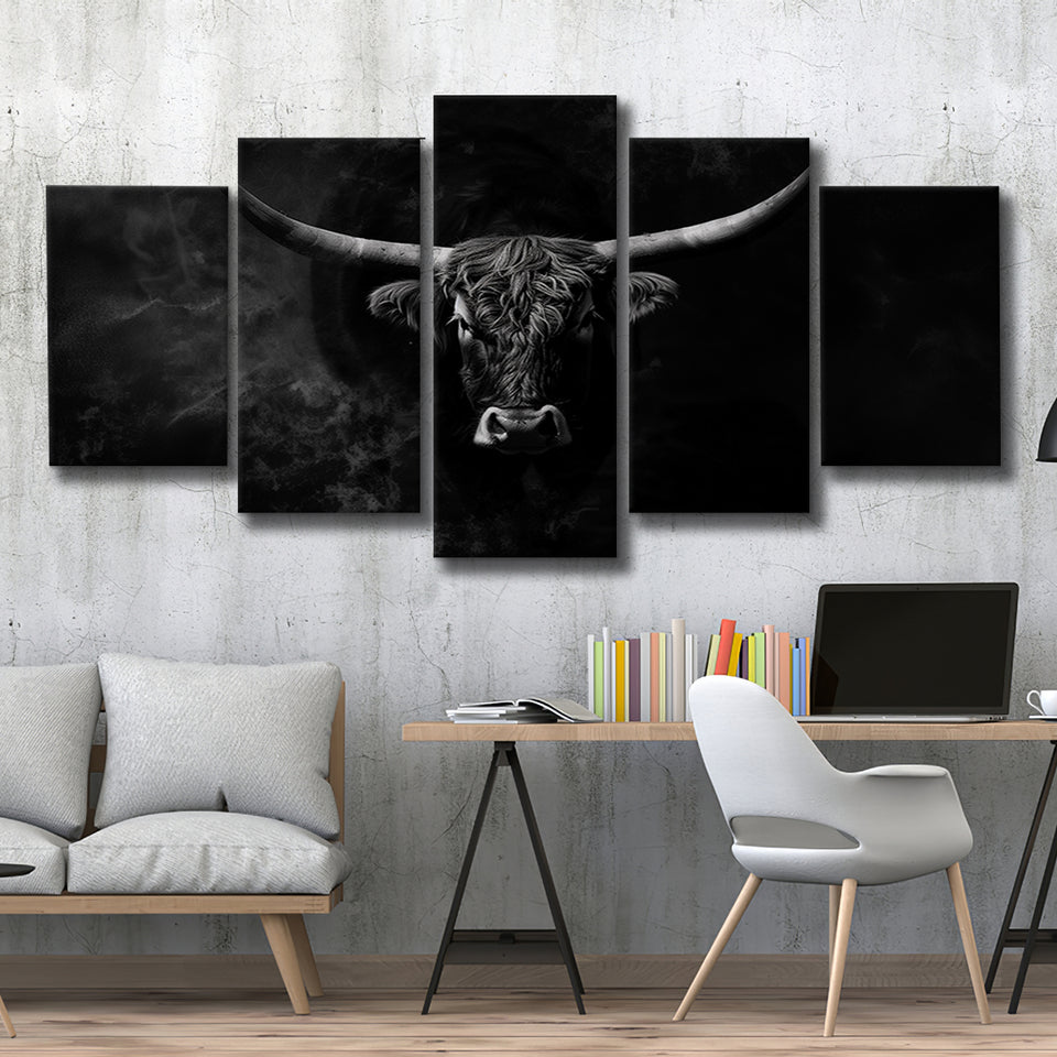 Highland Cow Long Horn Black And White V11, 5 Panels Mixed Large Canvas, Canvas Prints Wall Art Decor