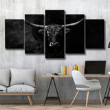 Highland Cow Long Horn Black And White V11, 5 Panels Mixed Large Canvas, Canvas Prints Wall Art Decor