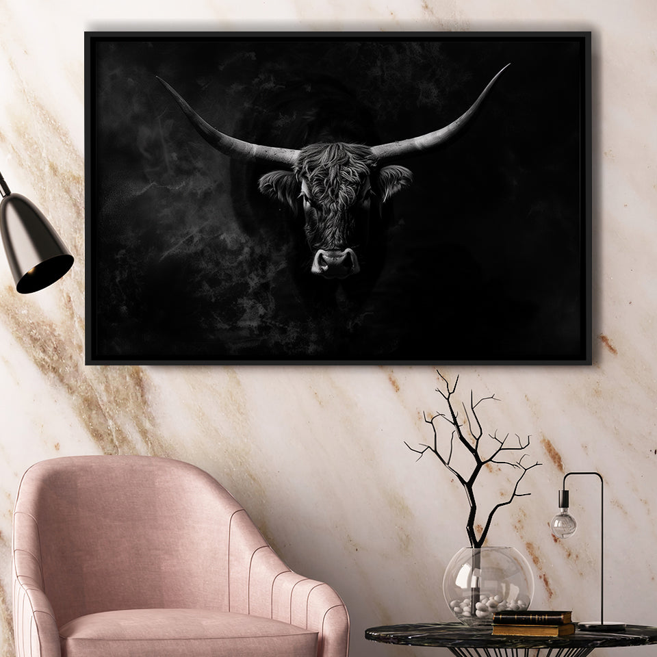 Highland Cow Long Horn Black And White V11, Framed Canvas Painting, Framed Canvas Prints Wall Art Decor