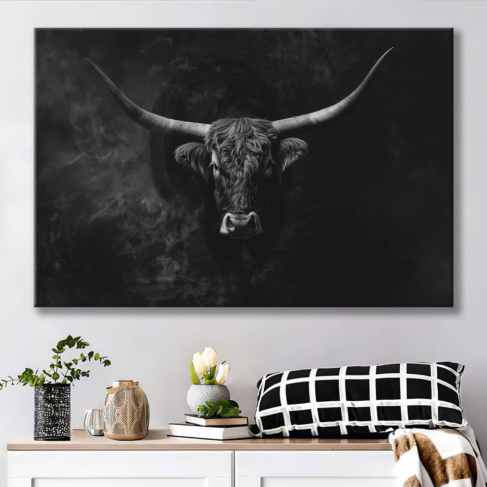 Highland Cow Long Horn Black And White V11, Canvas Painting, Canvas Prints Wall Art Decor