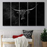 Highland Cow Long Horn Black And White V11, 5 Panels Extra Large Canvas, Canvas Prints Wall Art Decor