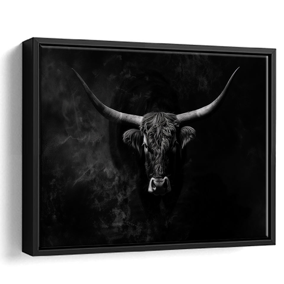 Highland Cow Long Horn Black And White V11, Framed Canvas Painting, Framed Canvas Prints Wall Art Decor
