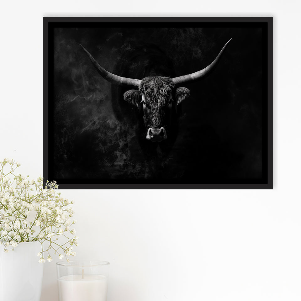 Highland Cow Long Horn Black And White V11, Framed Canvas Painting, Framed Canvas Prints Wall Art Decor