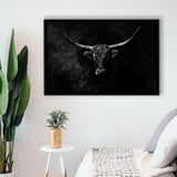 Highland Cow Long Horn Black And White V11, Framed Canvas Painting, Framed Canvas Prints Wall Art Decor
