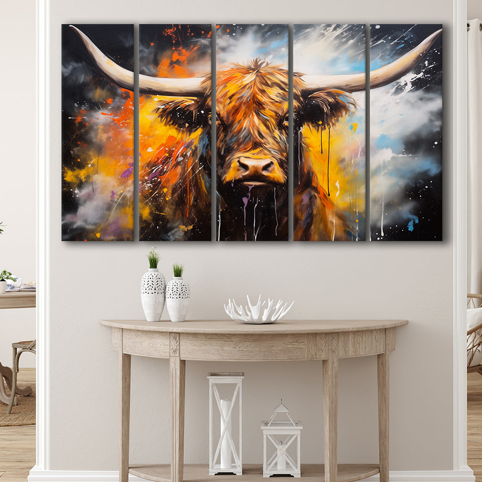 Highland Cow Longhorn Oil Painting, 5 Panels Extra Large Canvas, Canvas Prints Wall Art Decor