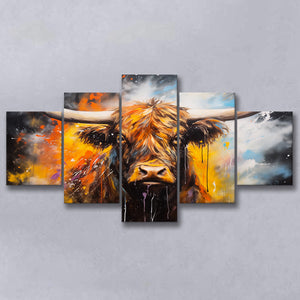 Highland Cow Longhorn Oil Painting, 5 Panels Mixed Large Canvas, Canvas Prints Wall Art Decor