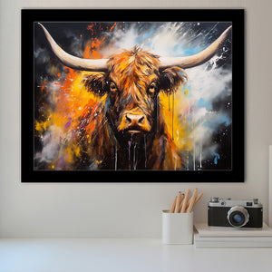 Highland Cow Longhorn Oil Painting, Framed Art Print Wall Decor, Framed Picture