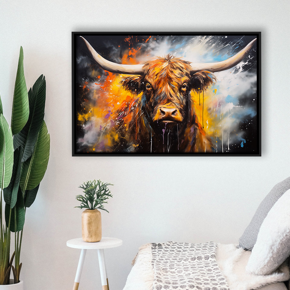 Highland Cow Longhorn Oil Painting, Framed Canvas Painting, Framed Canvas Prints Wall Art Decor
