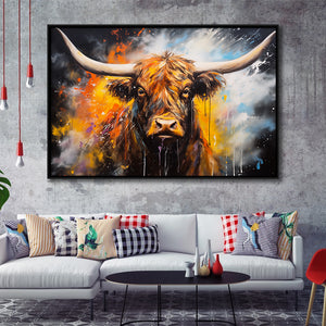 Highland Cow Longhorn Oil Painting, Framed Canvas Painting, Framed Canvas Prints Wall Art Decor