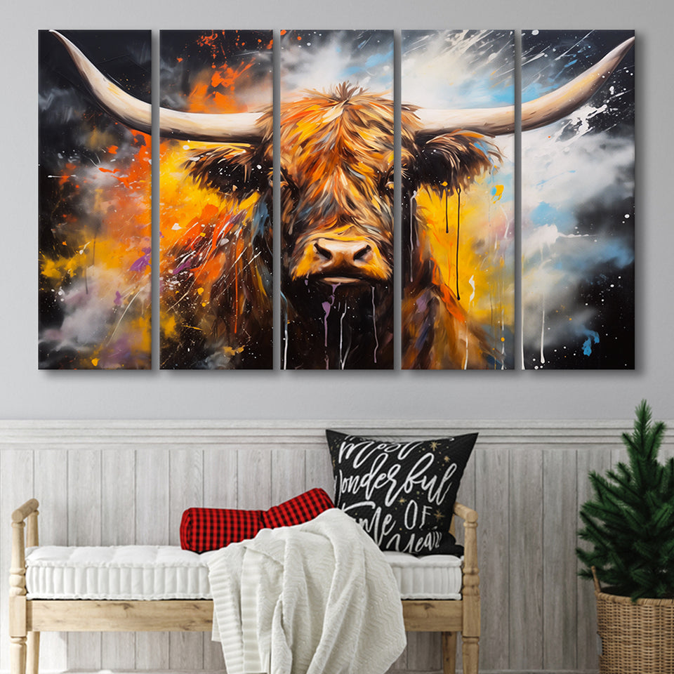 Highland Cow Longhorn Oil Painting, 5 Panels Extra Large Canvas, Canvas Prints Wall Art Decor