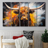 Highland Cow Longhorn Oil Painting, 5 Panels Extra Large Canvas, Canvas Prints Wall Art Decor