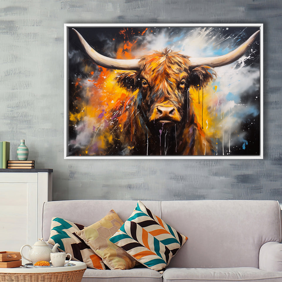 Highland Cow Longhorn Oil Painting, Framed Canvas Painting, Framed Canvas Prints Wall Art Decor