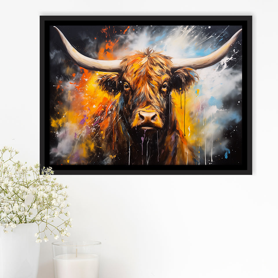 Highland Cow Longhorn Oil Painting, Framed Canvas Painting, Framed Canvas Prints Wall Art Decor