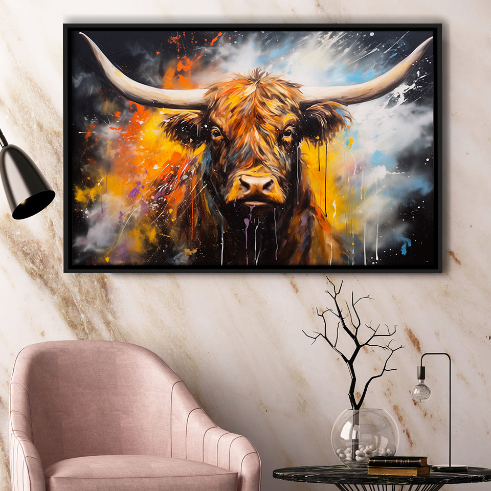 Highland Cow Longhorn Oil Painting, Framed Canvas Painting, Framed Canvas Prints Wall Art Decor