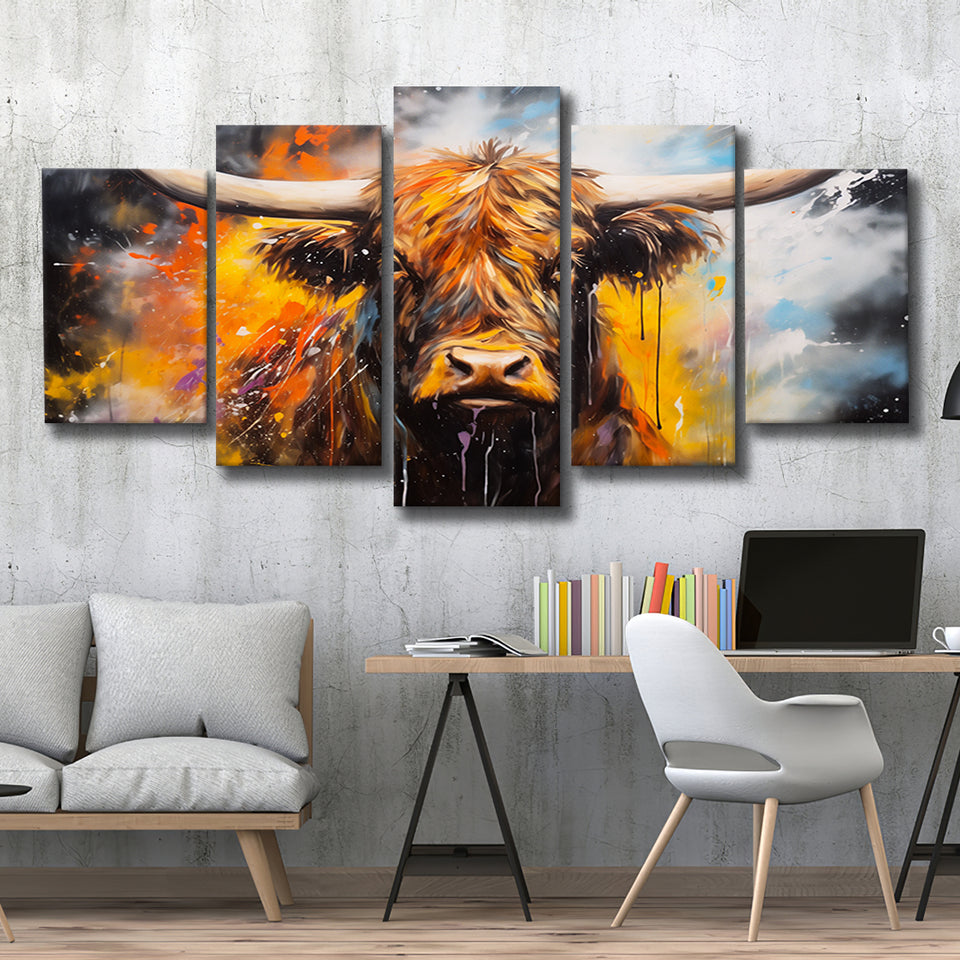 Highland Cow Longhorn Oil Painting, 5 Panels Mixed Large Canvas, Canvas Prints Wall Art Decor