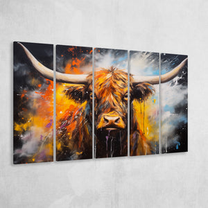 Highland Cow Longhorn Oil Painting, 5 Panels Extra Large Canvas, Canvas Prints Wall Art Decor