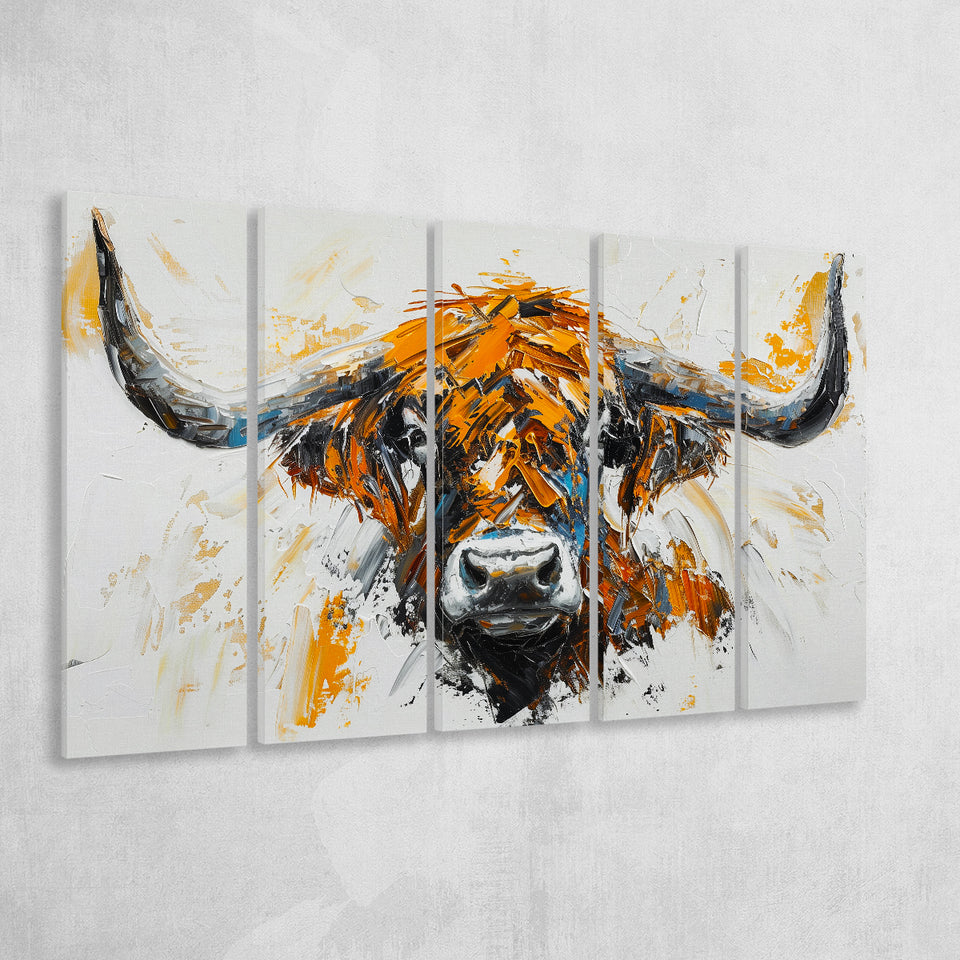 Highland Cow Longhorn Portrait Oil Painting V3, 5 Panels Extra Large Canvas, Canvas Prints Wall Art Decor