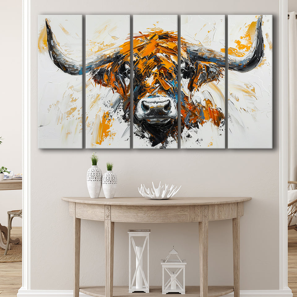 Highland Cow Longhorn Portrait Oil Painting V3, 5 Panels Extra Large Canvas, Canvas Prints Wall Art Decor