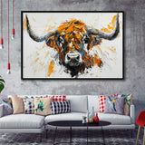 Highland Cow Longhorn Portrait Oil Painting V3, Framed Canvas Painting, Framed Canvas Prints Wall Art Decor