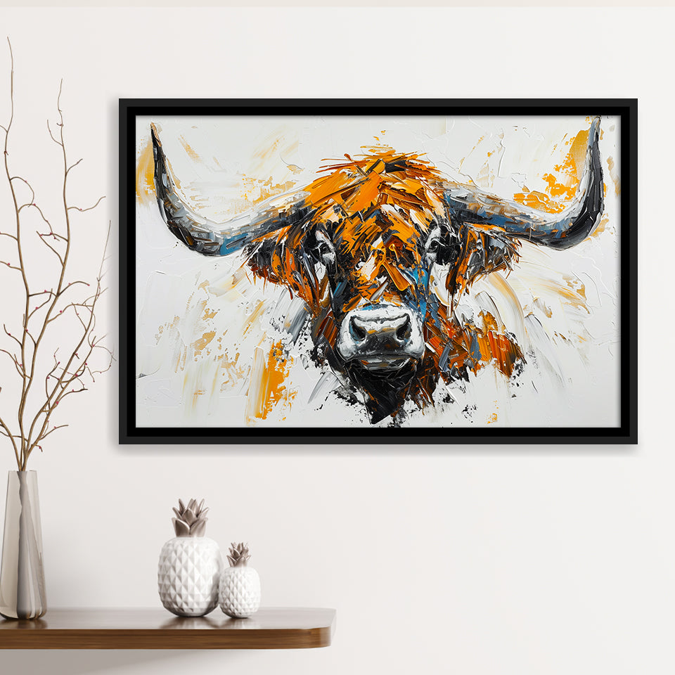 Highland Cow Longhorn Portrait Oil Painting V3, Framed Canvas Painting, Framed Canvas Prints Wall Art Decor