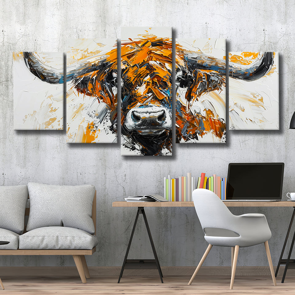 Highland Cow Longhorn Portrait Oil Painting V3, 5 Panels Mixed Large Canvas, Canvas Prints Wall Art Decor