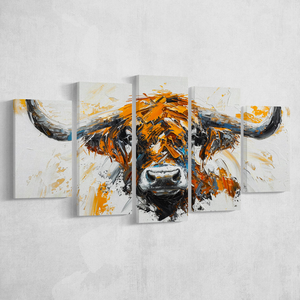 Highland Cow Longhorn Portrait Oil Painting V3, 5 Panels Mixed Large Canvas, Canvas Prints Wall Art Decor