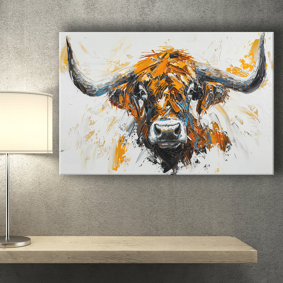 Highland Cow Longhorn Portrait Oil Painting V3, Canvas Painting, Canvas Prints Wall Art Decor