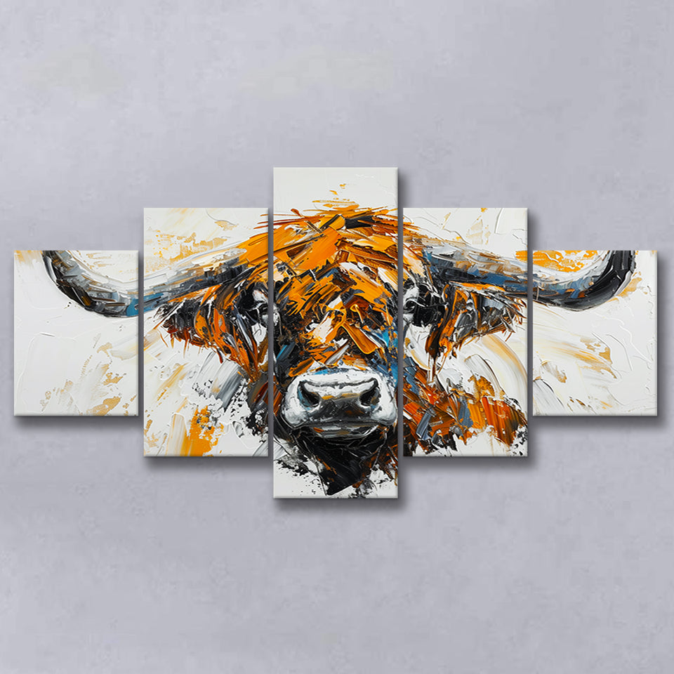 Highland Cow Longhorn Portrait Oil Painting V3, 5 Panels Mixed Large Canvas, Canvas Prints Wall Art Decor