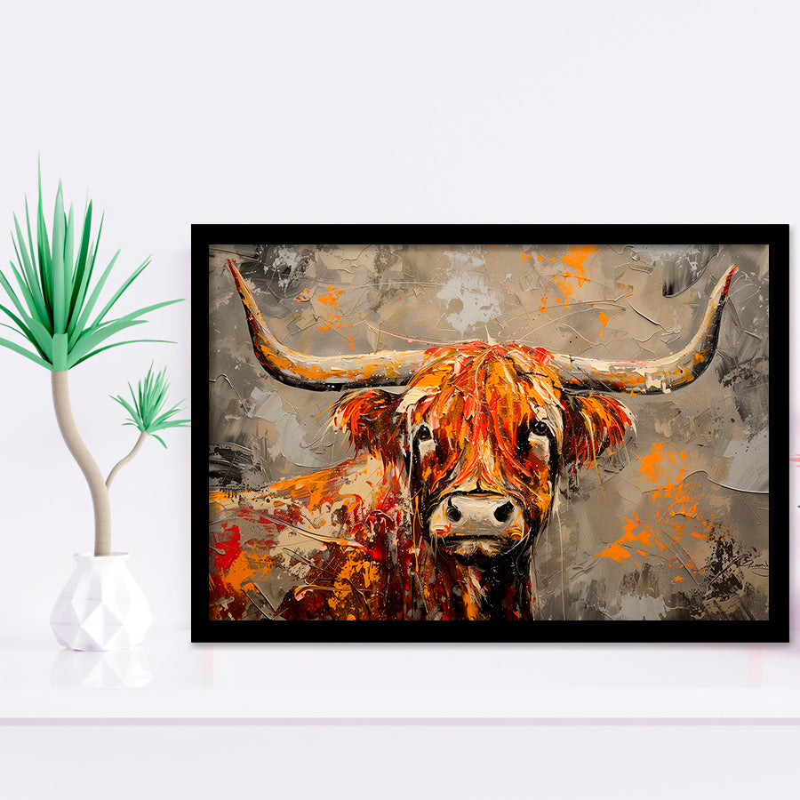 Highland Cow Longhorn Vintage Old Painting Style, Framed Art Print Wall Decor, Picture Framed Painting Art