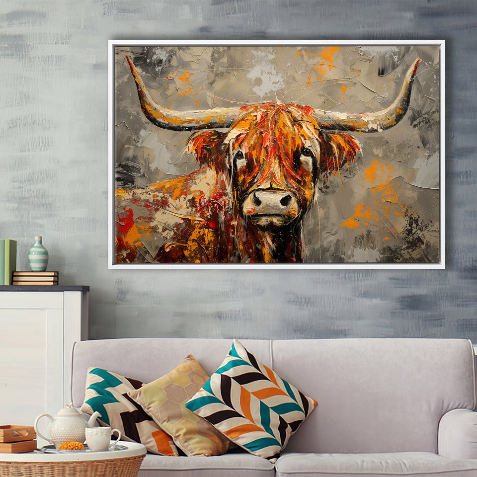 Highland Cow Longhorn Vintage Old Painting Style, Framed Canvas Print Wall Art Decor, Floating Frame Painting Canvas
