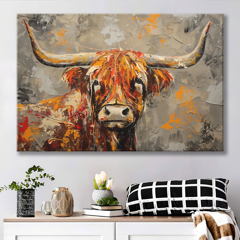 Highland Cow Longhorn Vintage Old Painting Style, Canvas Print Wall Art Home Decor, Painting Canvas Art Print