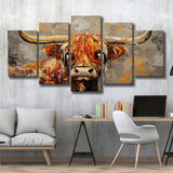 Highland Cow Longhorn Vintage Old Painting Style, Mixed 5 Panel Canvas Print Wall Art Home Decor, Large Canvas Painting