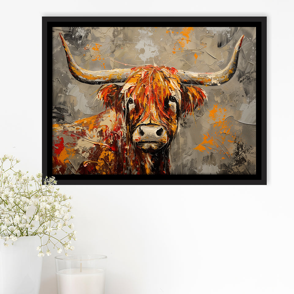 Highland Cow Longhorn Vintage Old Painting Style, Framed Canvas Print Wall Art Decor, Floating Frame Painting Canvas