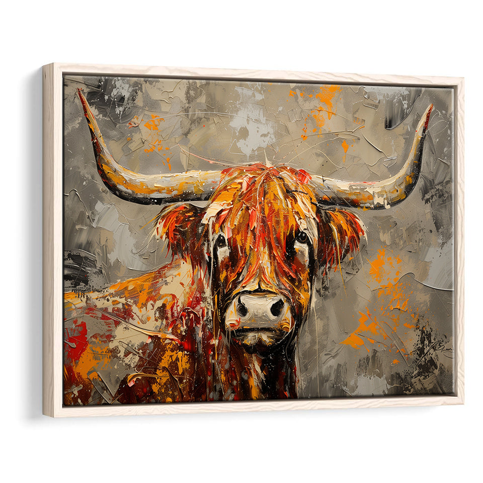 Highland Cow Longhorn Vintage Old Painting Style, Framed Canvas Print Wall Art Decor, Floating Frame Painting Canvas