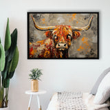 Highland Cow Longhorn Vintage Old Painting Style, Framed Canvas Print Wall Art Decor, Floating Frame Painting Canvas