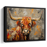 Highland Cow Longhorn Vintage Old Painting Style, Framed Canvas Print Wall Art Decor, Floating Frame Painting Canvas